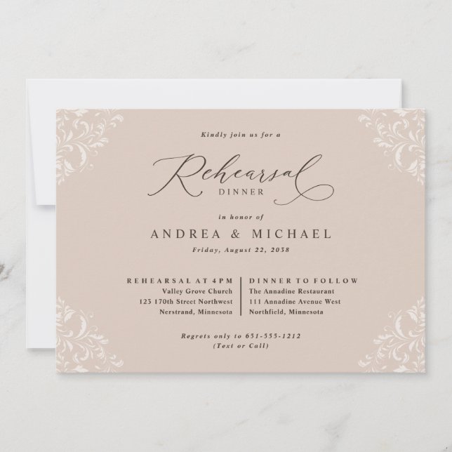 Invitación Elegante Champán Tan Boda Ensayo Cena (Anverso)