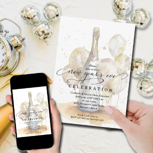 Invitación Elegante Champán y Globos Nochevieja