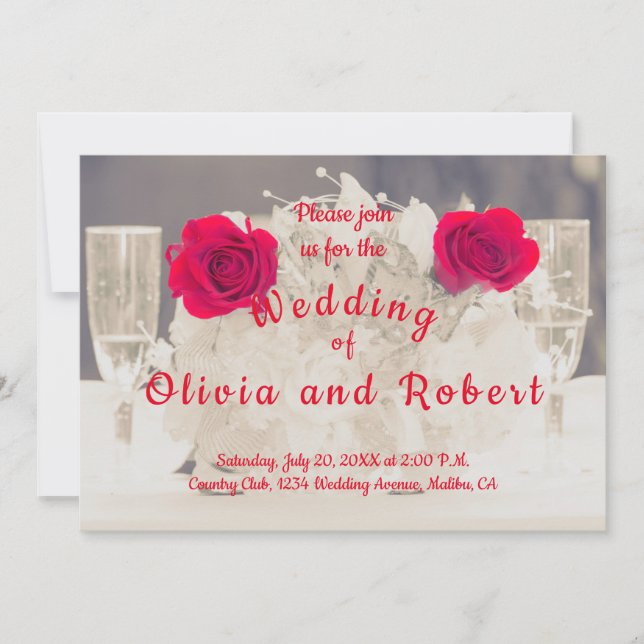Invitación Elegante champán y rosas rojas (Anverso)