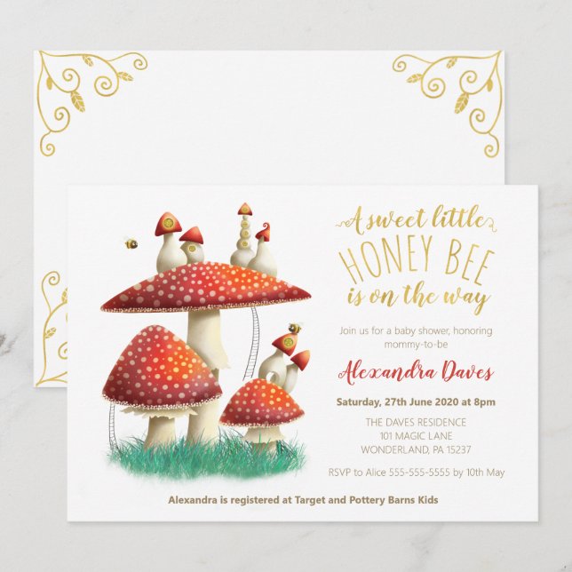 Invitación Elegante champiñón y abejas ducha neutra de género (Anverso / Reverso)