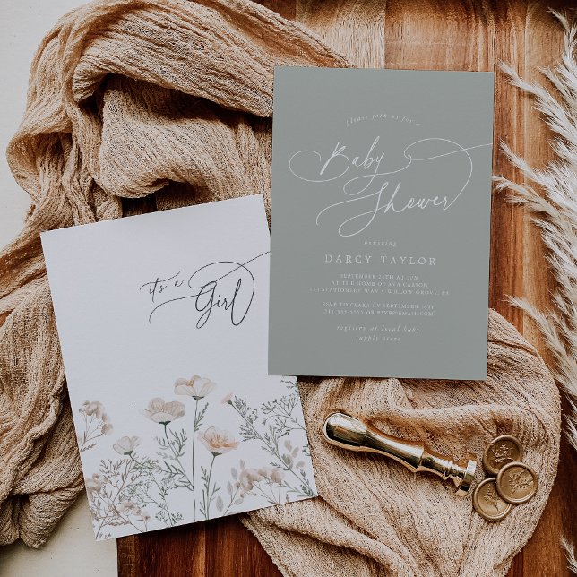 Invitación Elegante Charm Sage Green Wildflower Baby Shower (Elegant Charm Sage Green Wildflower Baby Shower Invitation)