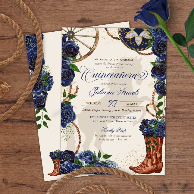 Invitación Elegante Charro Azul Rosa Western Boots Quinceaner (Subido por el creador)