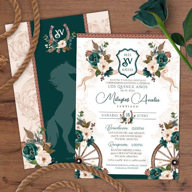 Invitación Elegante Charro Floral Verde Quinceanera Occidenta (Subido por el creador)