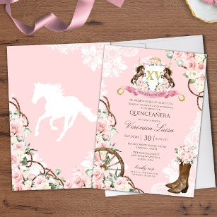 Invitación Elegante Charro Quinceanera con flores rosas