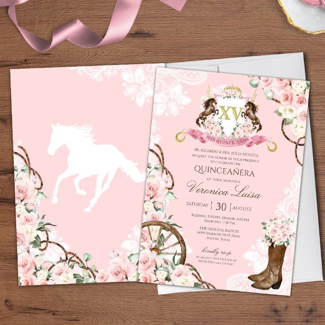 Invitación Elegante Charro Quinceanera con flores rosas (Subido por el creador)