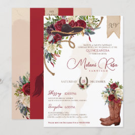 Invitación Elegante Charro Quinceanera floral borgoñés