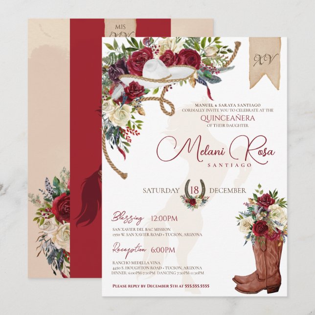 Invitación Elegante Charro Quinceanera floral borgoñés (Anverso / Reverso)