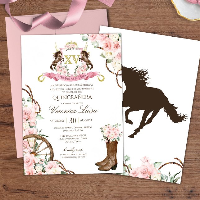 Invitación Elegante Charro Quinceanera Floral rosa blanco (Subido por el creador)