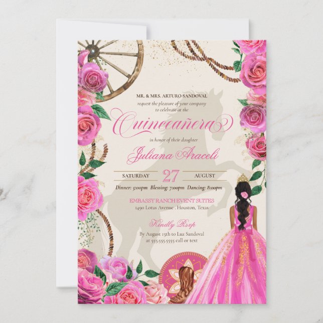 Invitación Elegante Charro Rosa Rosa Rancho Occidental Quince (Anverso)