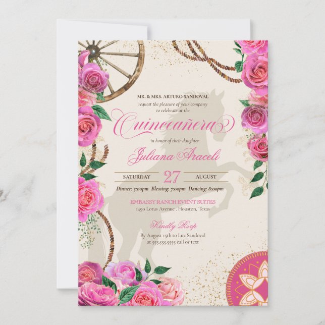 Invitación Elegante Charro Rosa Rosa Rancho Occidental Quince (Anverso)