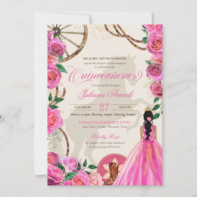 Invitación Elegante Charro Rosa Rosa Rancho Occidental Quince (Anverso)
