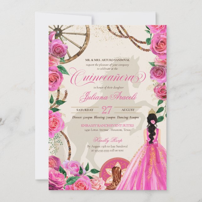 Invitación Elegante Charro Rosa Rosa Rancho Occidental Quince (Anverso)