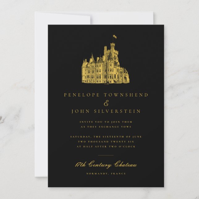 Invitación Elegante Château Ilustracion Boda de oro negro (Anverso)