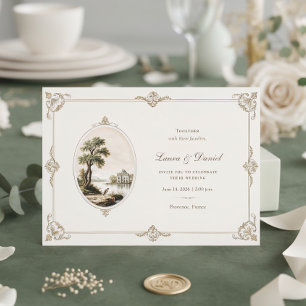 Invitación Elegante Chateau Vintage Francés Horizontal para B