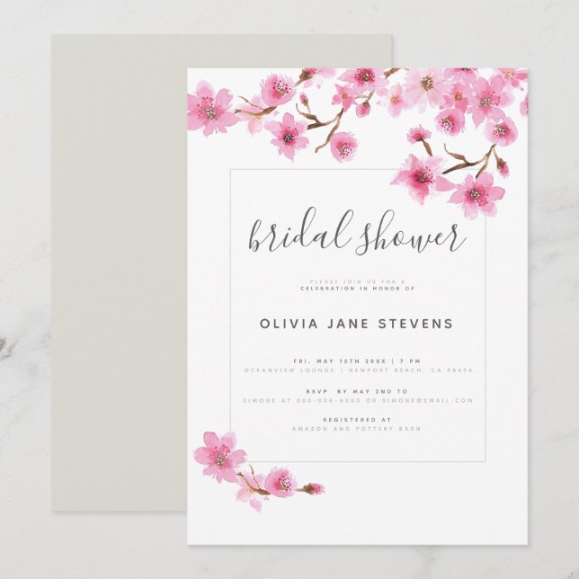 Invitación Elegante Cherry Blossom Floral Frame Bridal Shower (Anverso / Reverso)