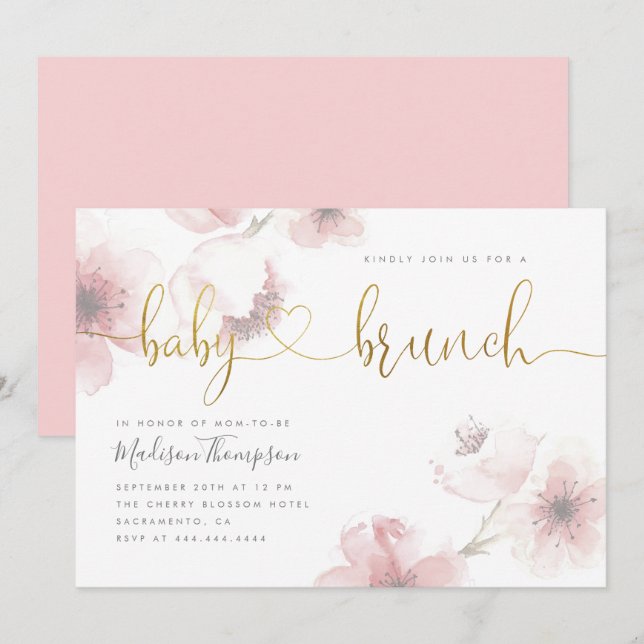 Invitación Elegante Cherry Blossom Gold Baby Brunch (Anverso / Reverso)