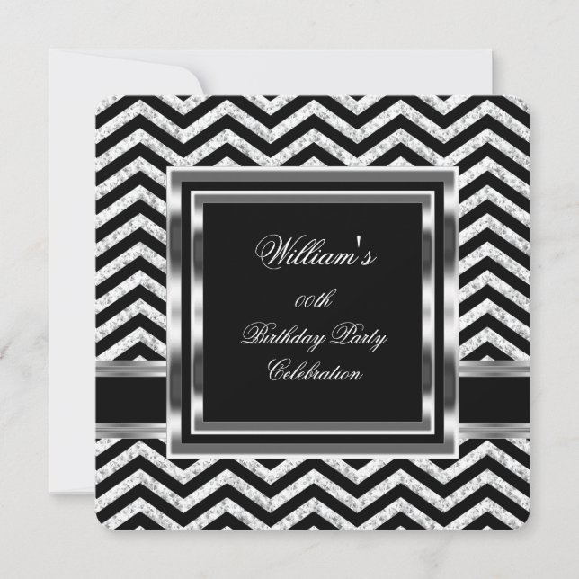 Invitación Elegante Chevron Black Silver Fiestas de cumpleaño (Anverso)