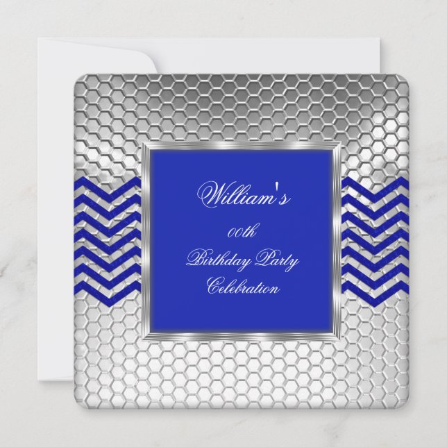 Invitación Elegante Chevron Blue Silver Fiesta de cumpleaños  (Anverso)