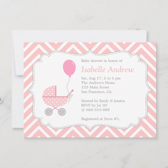 Invitación Elegante, Chevron, Cochecito Rosa, Fiesta de Bebé  (Anverso)