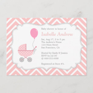 Invitación Elegante, Chevron, Cochecito Rosa, Fiesta de Bebé 