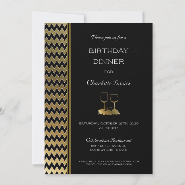 Invitación Elegante Chevron de oro negro a rayas cena de cump (Anverso)