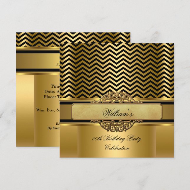 Invitación Elegante Chevron Gold Black Stripe Birday Party (Anverso / Reverso)