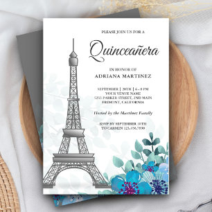 Invitación Elegante Chic Azul Floral Torre Eiffel Quinceañera