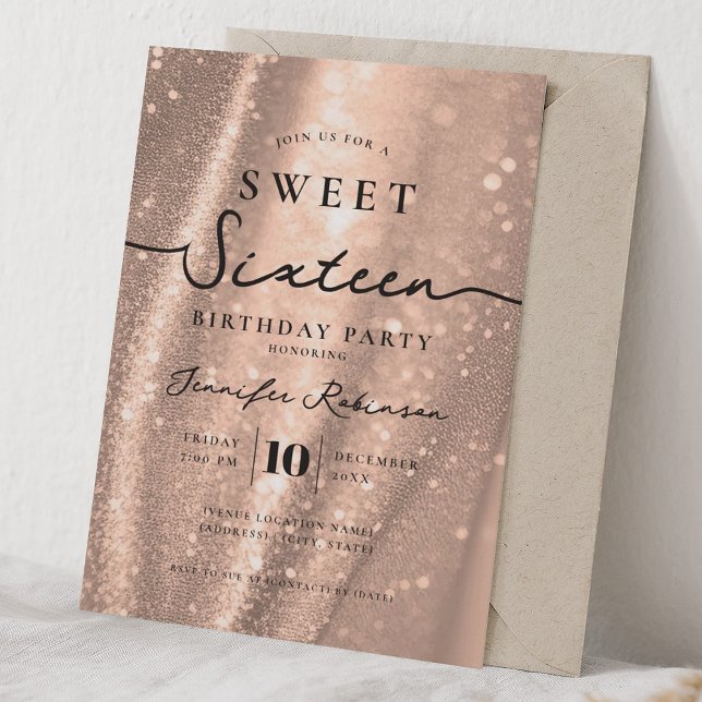 Invitación Elegante Chic Brillo Dulces 16 Cumpleaños Rosa Oro (Elegant Chic Glitter Sweet 16 Birthday Rose Gold Invitation)