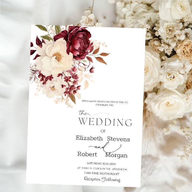 Invitación Elegante Chic Burgundy Flores Blancas Boda (Subido por el creador)