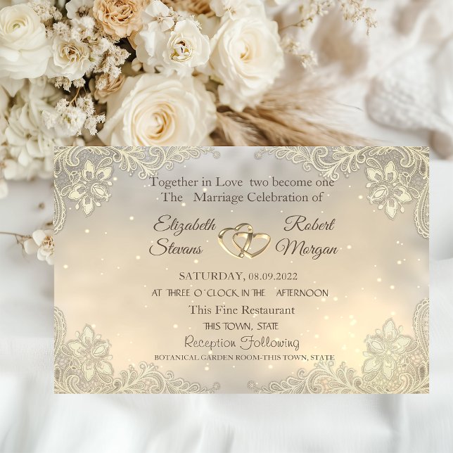 Invitación Elegante Chic Corazones de Oro Encaje Boda  (Subido por el creador)