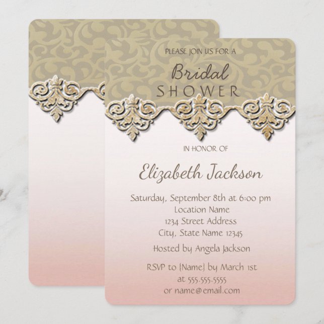 Invitación Elegante Chic Damask Desayuno Nupcial (Anverso / Reverso)