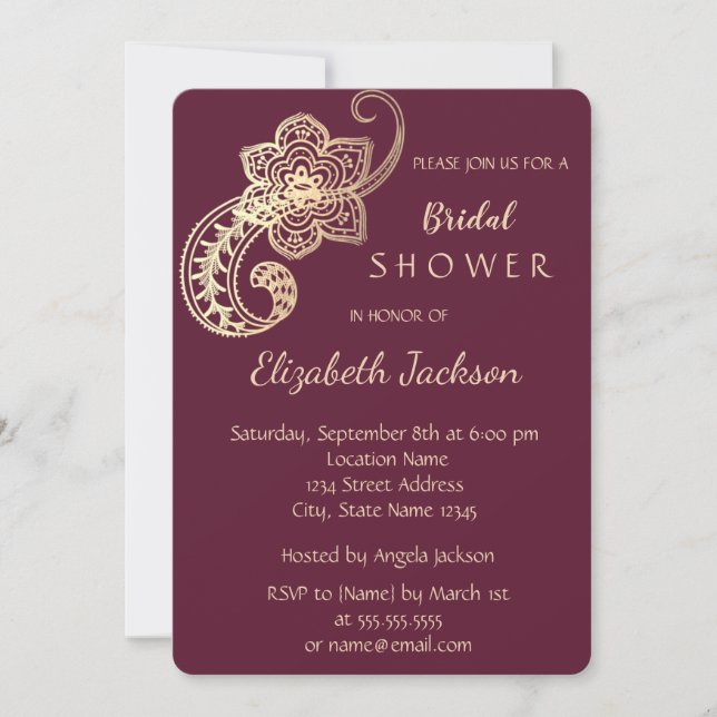 Invitación Elegante Chic Dorado Paisley Despedida de Soltera (Anverso)