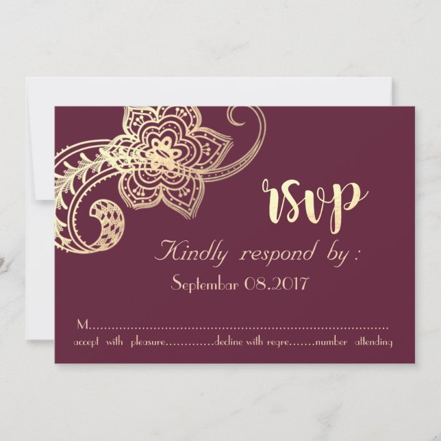 Invitación Elegante Chic Dorado Paisley RSVP (Anverso)