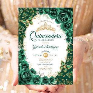 Invitación Elegante Chic Esmeralda Verde Dorado Floral Quince