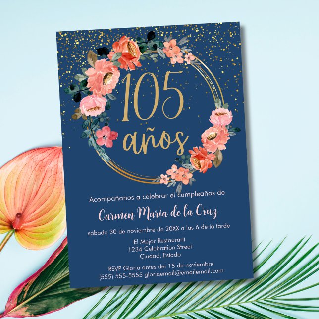 Invitación Elegante Chic Español Cumpleaños 105 Rosa Azul (Subido por el creador)