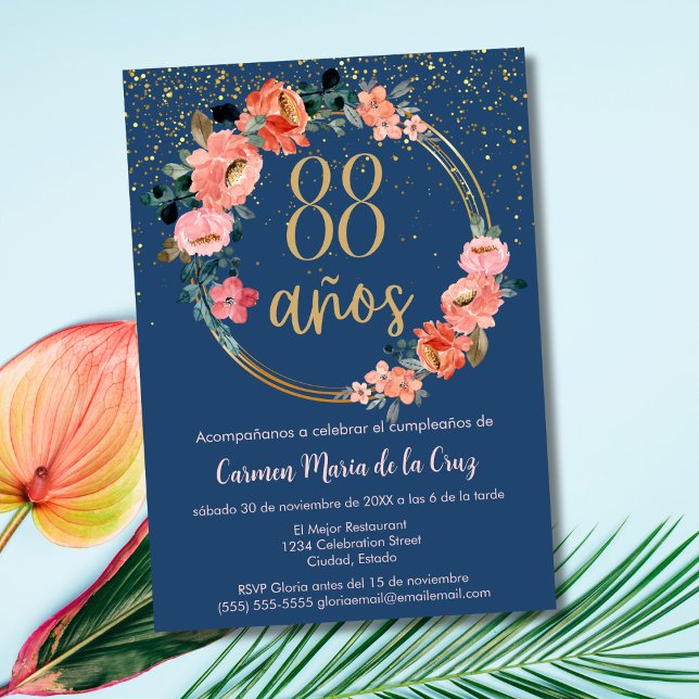 Invitación Elegante Chic Español Cumpleaños 88 Azul Rosa (Subido por el creador)