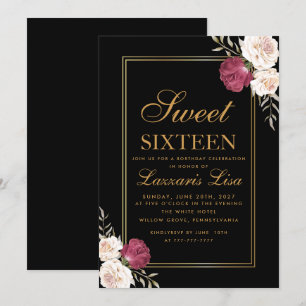 Invitación Elegante chic Floral Cumpleaños negro Sweet Sixtee