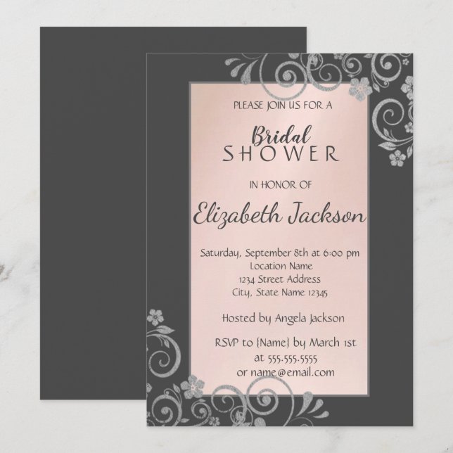 Invitación Elegante Chic Flores de Plata Despedida de Soltera (Anverso / Reverso)