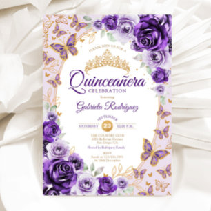 Invitación Elegante Chic Lila Púrpura Oro Floral Quinceañera