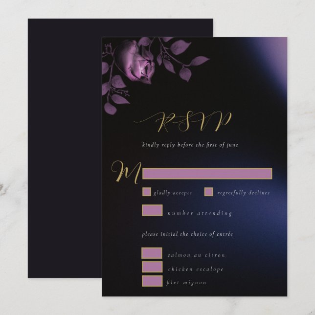 Invitación Elegante Chic Malhumorado RSVP de boda floral púrp (Anverso / Reverso)