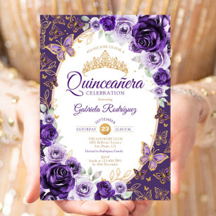 Invitación Elegante Chic Morado Quinceañera Dorada Floral