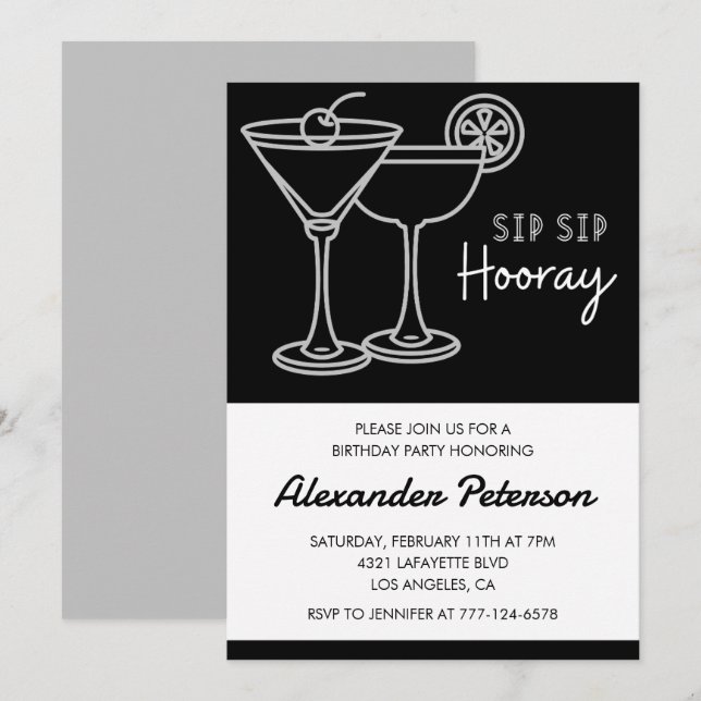 Invitación Elegante Chic Negro Blanco Cóctel 54 cumpleaños (Anverso / Reverso)