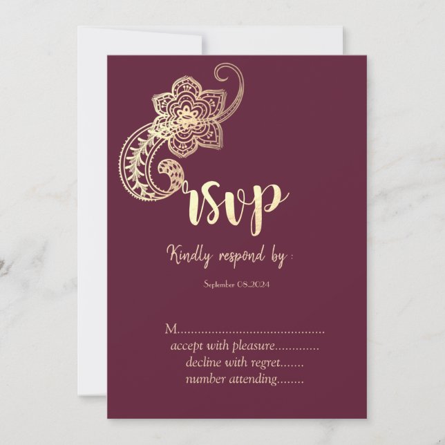 Invitación Elegante Chic Oro Paisley RSVP    (Anverso)