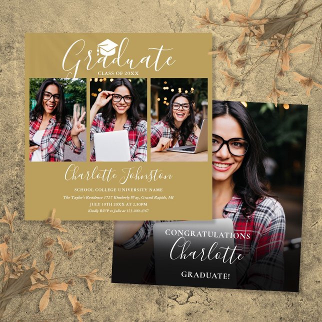 Invitación Elegante Chic Oro Script 4 Foto Fiesta de Graduaci (Elegant Chic Gold Script 4 Photo Graduation Party Invitation)