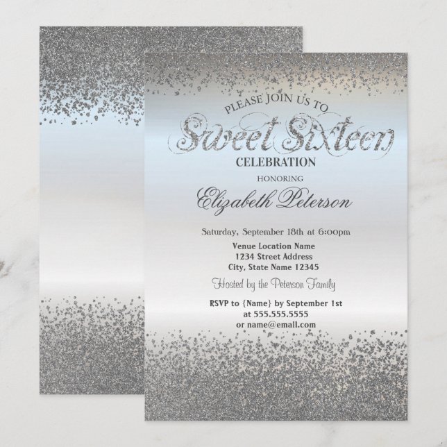 Invitación Elegante Chic Plata Diamantes Confeti Cumpleaños D (Anverso / Reverso)