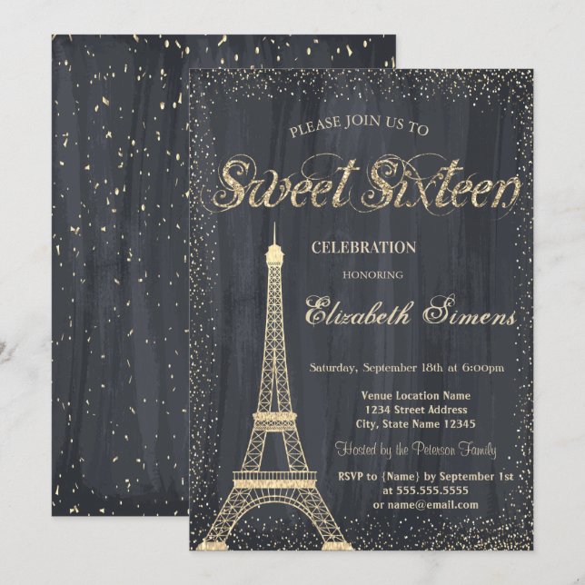 Invitación Elegante Chic Torre Eiffel de oro Confeti Dulces 1 (Anverso / Reverso)
