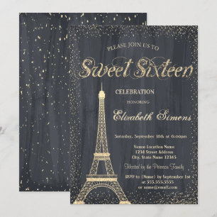 Invitación Elegante Chic Torre Eiffel de oro Confeti Dulces 1