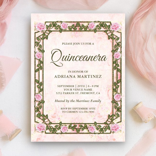 Invitación Elegante Chic Vintage Rústico Rosas Rosadas Quince (Subido por el creador)