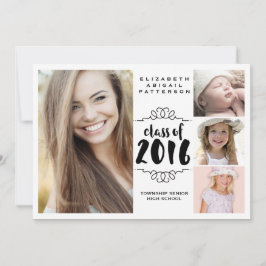 Invitación Elegante Chica 4 Foto Graduación en blanco y negro