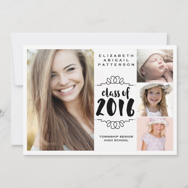 Invitación Elegante Chica 4 Foto Graduación en blanco y negro (Anverso)